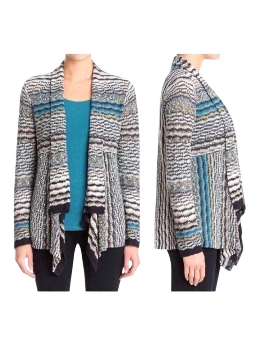 NIC+ZOE Sweater Women Small Petite Black Linen Blend Open Waterfall Cardigan